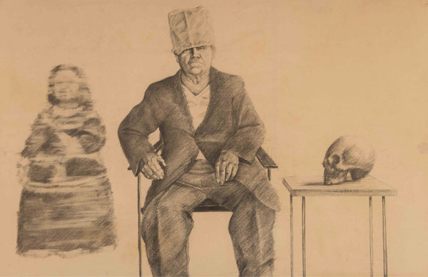 Retrato hombre sentado con calavera sobre mesa